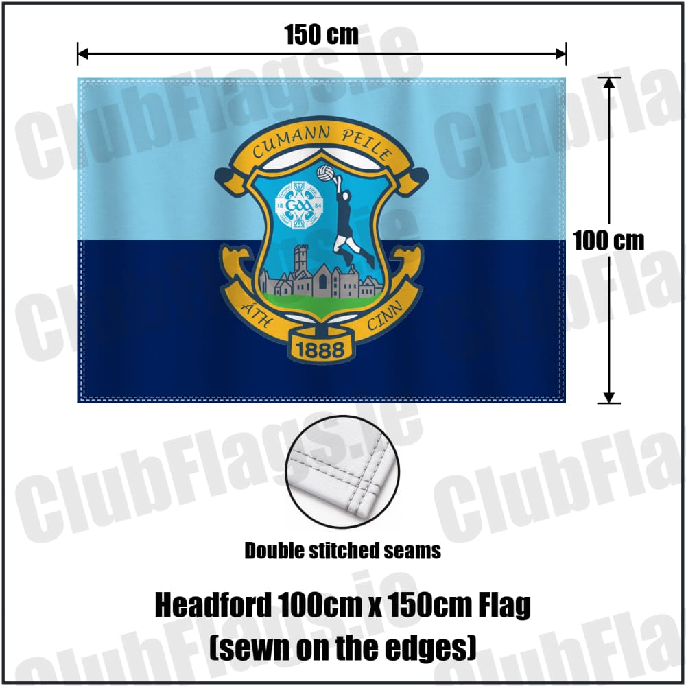Headford 100cm x 150cm Flag (sewn on the edges) in sky-blue and navy, featuring the club crest on realistic fabric with gentle vertical folds; County Galway GAA. ClubFlags.ie.