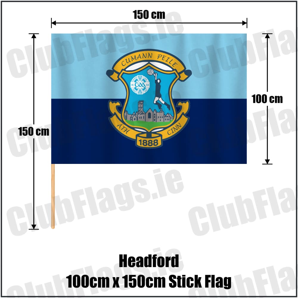 Headford 100cm x 150cm Stick Flag in sky-blue and navy, featuring the club crest on realistic fabric with gentle vertical folds; County Galway GAA. ClubFlags.ie.