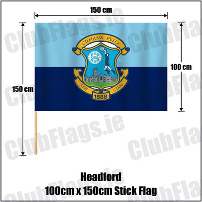 Headford 100cm x 150cm Stick Flag in sky-blue and navy, featuring the club crest on realistic fabric with gentle vertical folds; County Galway GAA. ClubFlags.ie.