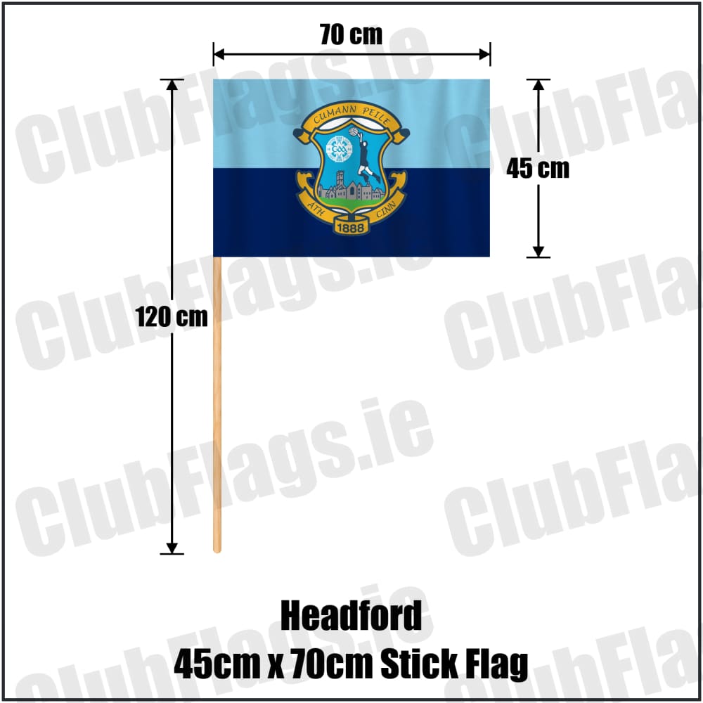 Headford 45cm x 70cm Stick Flag in sky-blue and navy, featuring the club crest on realistic fabric with gentle vertical folds; County Galway GAA. ClubFlags.ie.
