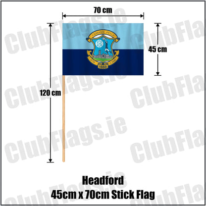 Headford 45cm x 70cm Stick Flag in sky-blue and navy, featuring the club crest on realistic fabric with gentle vertical folds; County Galway GAA. ClubFlags.ie.