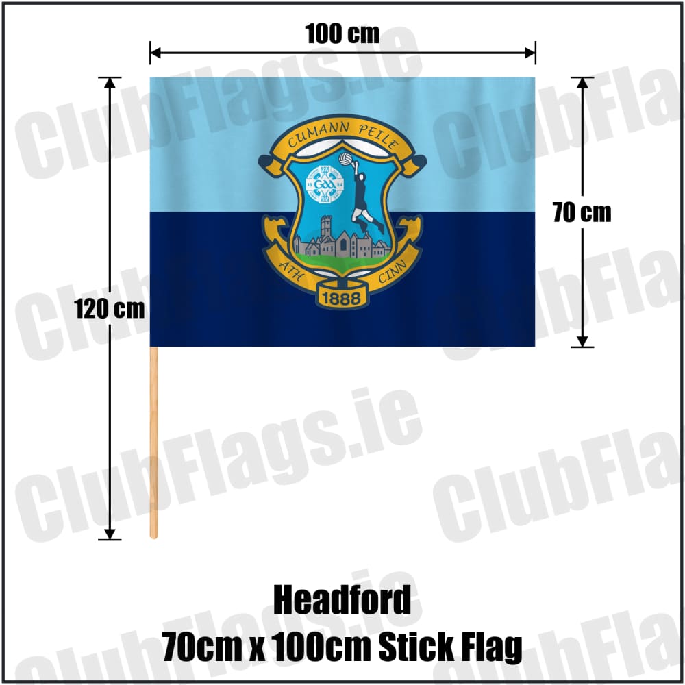 Headford 70cm x 100cm Stick Flag in sky-blue and navy, featuring the club crest on realistic fabric with gentle vertical folds; County Galway GAA. ClubFlags.ie.