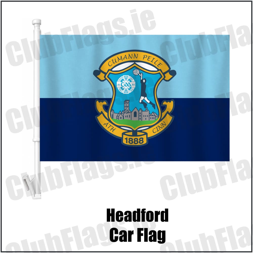 Headford Car Flag in sky-blue and navy, featuring the club crest on realistic fabric with gentle vertical folds; County Galway GAA. ClubFlags.ie.
