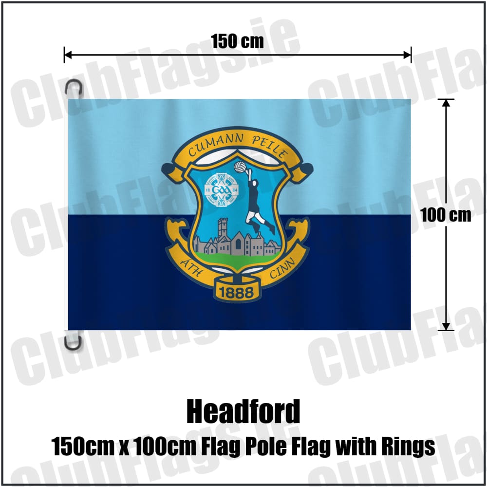 Headford 150cm x 100cm Flag Pole Flag with Rings in sky-blue and navy, featuring the club crest on realistic fabric with gentle vertical folds; County Galway GAA. ClubFlags.ie.