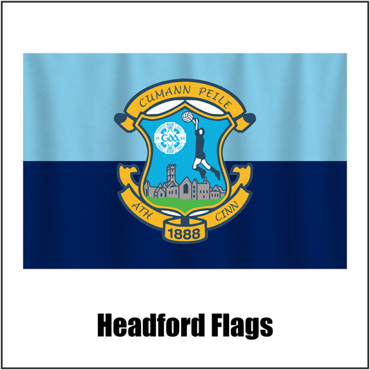 Headford Flags, featuring the club crest and sky-blue and navy colours; County Galway GAA. ClubFlags.ie.