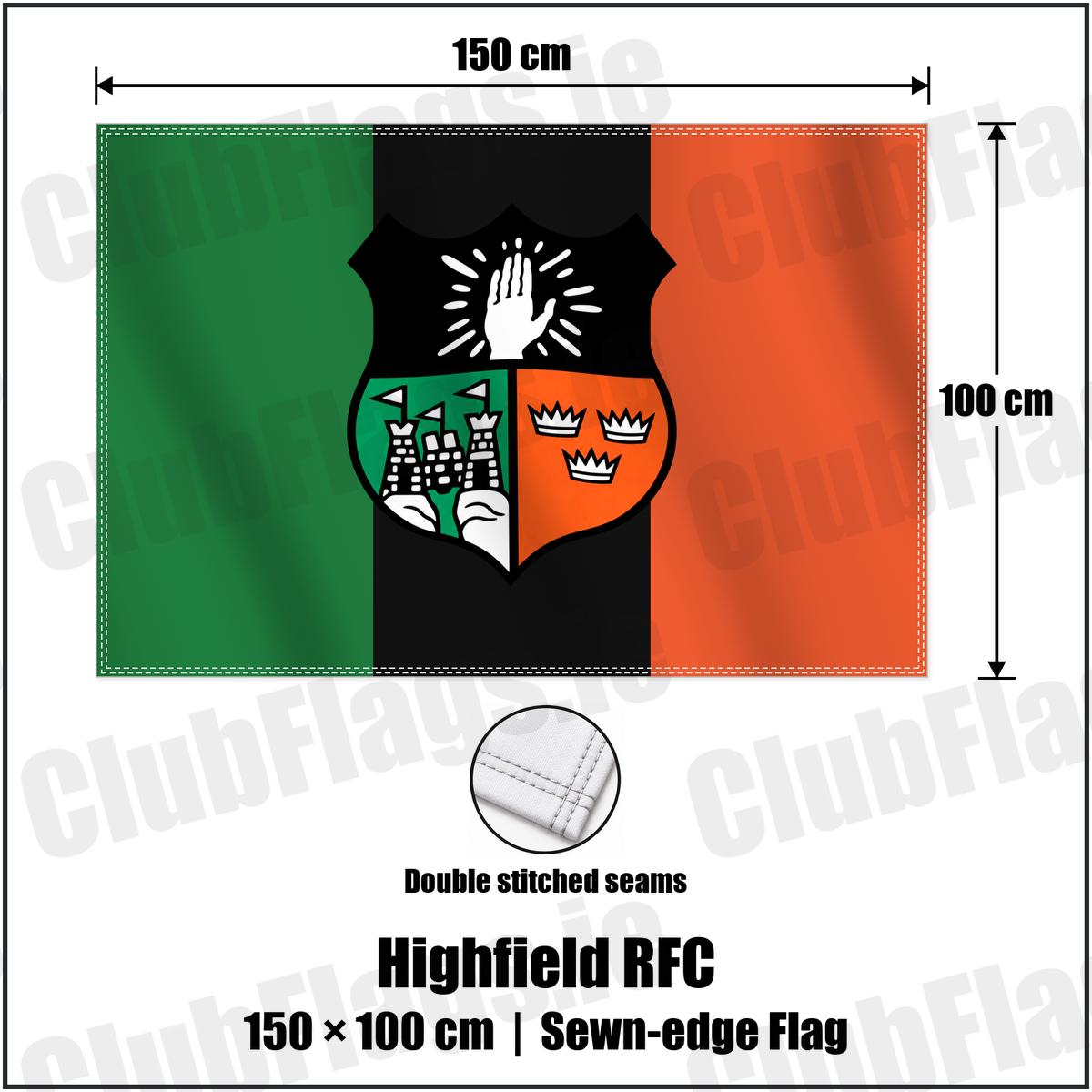 Highfield RFC 100cm x 150cm Flag (sewn on the edges) with the verified club crest and colours, Cork Rugby - ClubFlags.ie