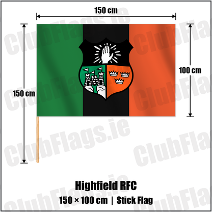 Highfield RFC 100cm x 150cm Stick Flag with the verified club crest and colours, Cork Rugby - ClubFlags.ie