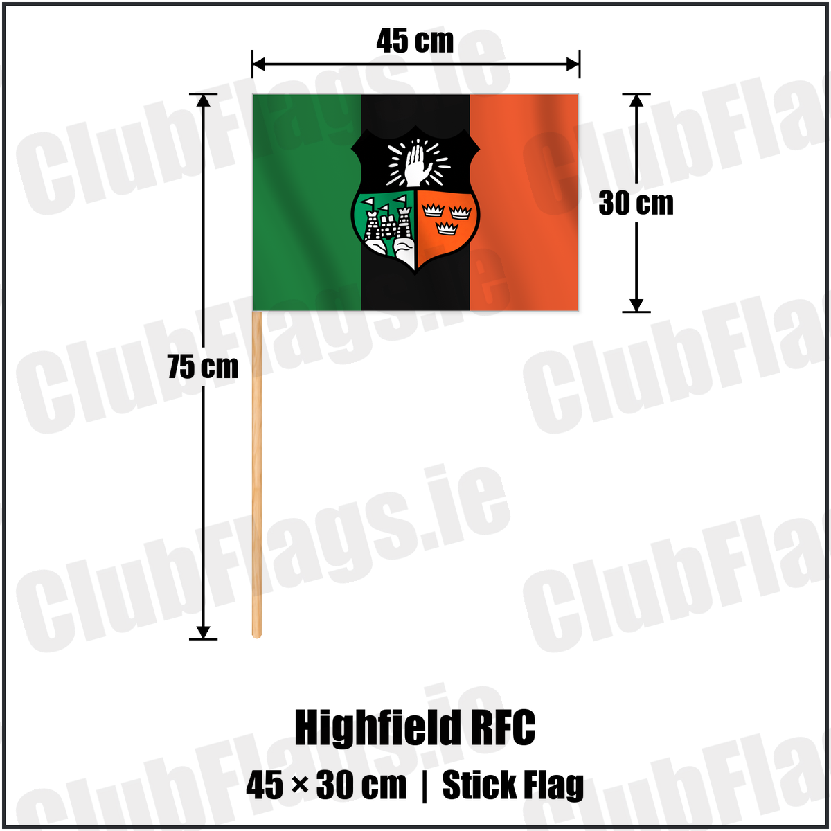 Highfield RFC 30cm x 45cm Stick Flag with the verified club crest and colours, Cork Rugby - ClubFlags.ie