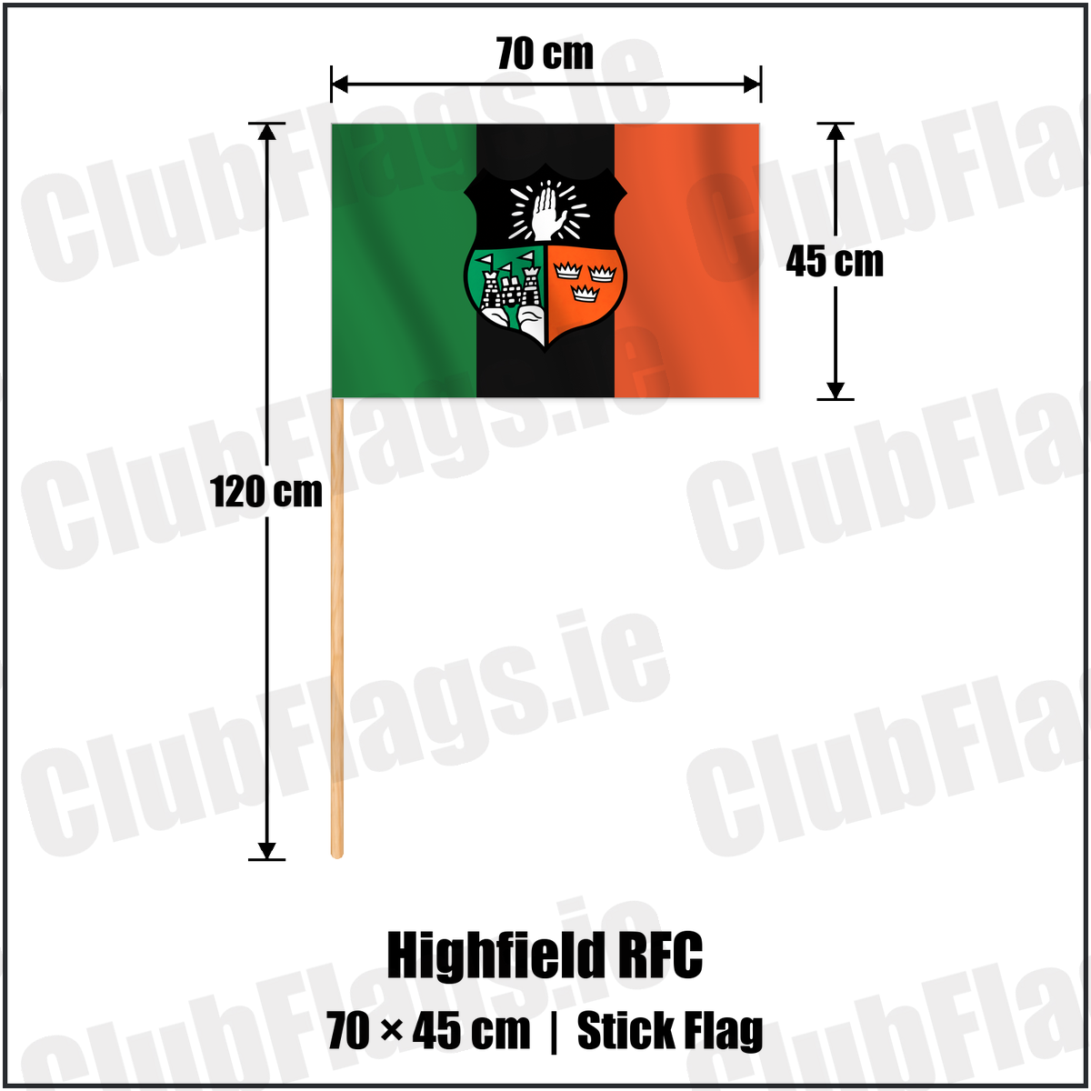 Highfield RFC 45cm x 70cm Stick Flag with the verified club crest and colours, Cork Rugby - ClubFlags.ie
