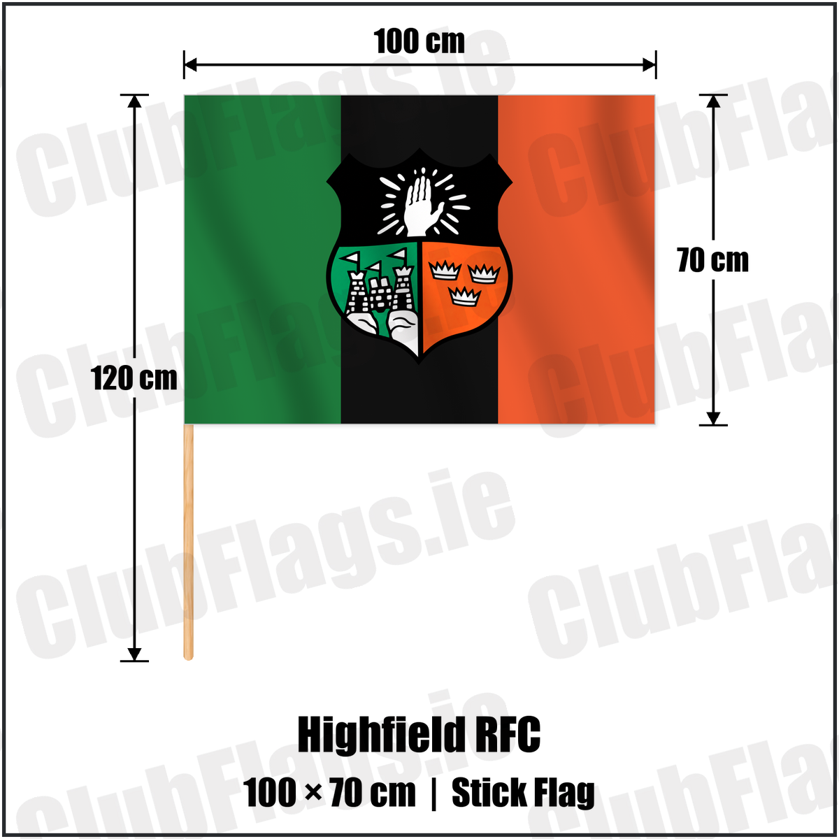 Highfield RFC 70cm x 100cm Stick Flag with the verified club crest and colours, Cork Rugby - ClubFlags.ie