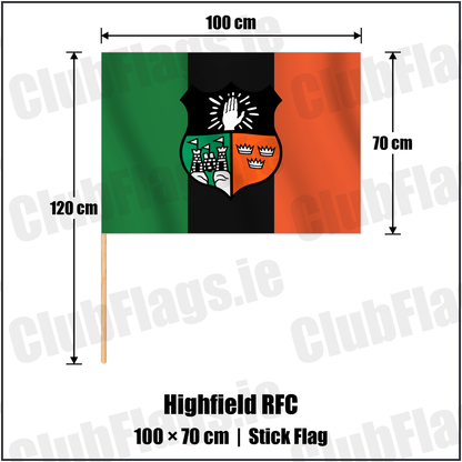 Highfield RFC 70cm x 100cm Stick Flag with the verified club crest and colours, Cork Rugby - ClubFlags.ie
