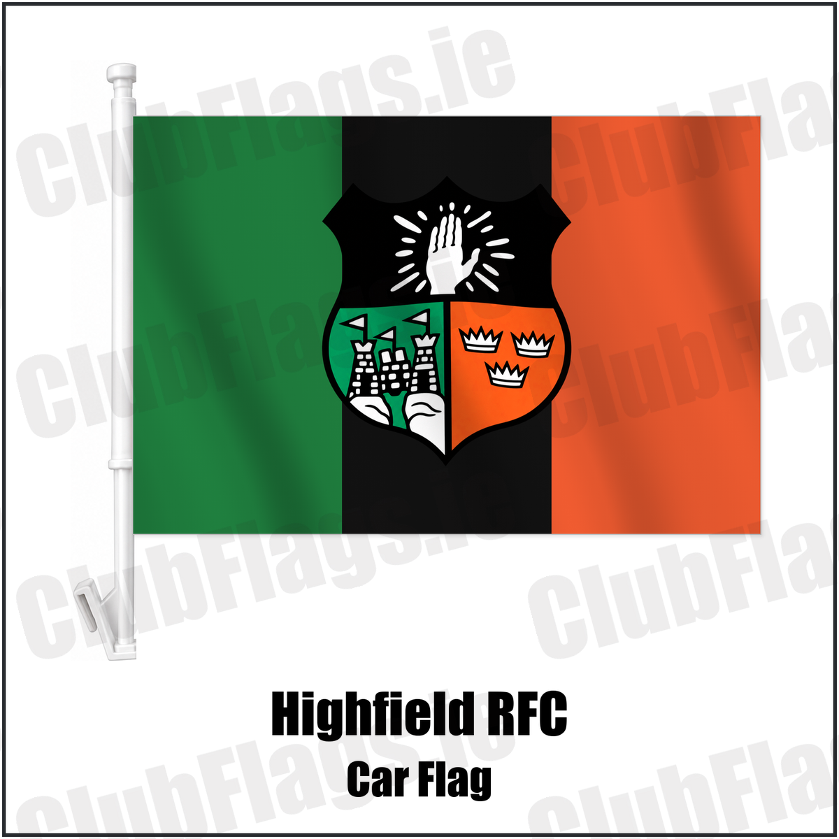 Highfield RFC Car Flag with the verified club crest and colours, Cork Rugby - ClubFlags.ie