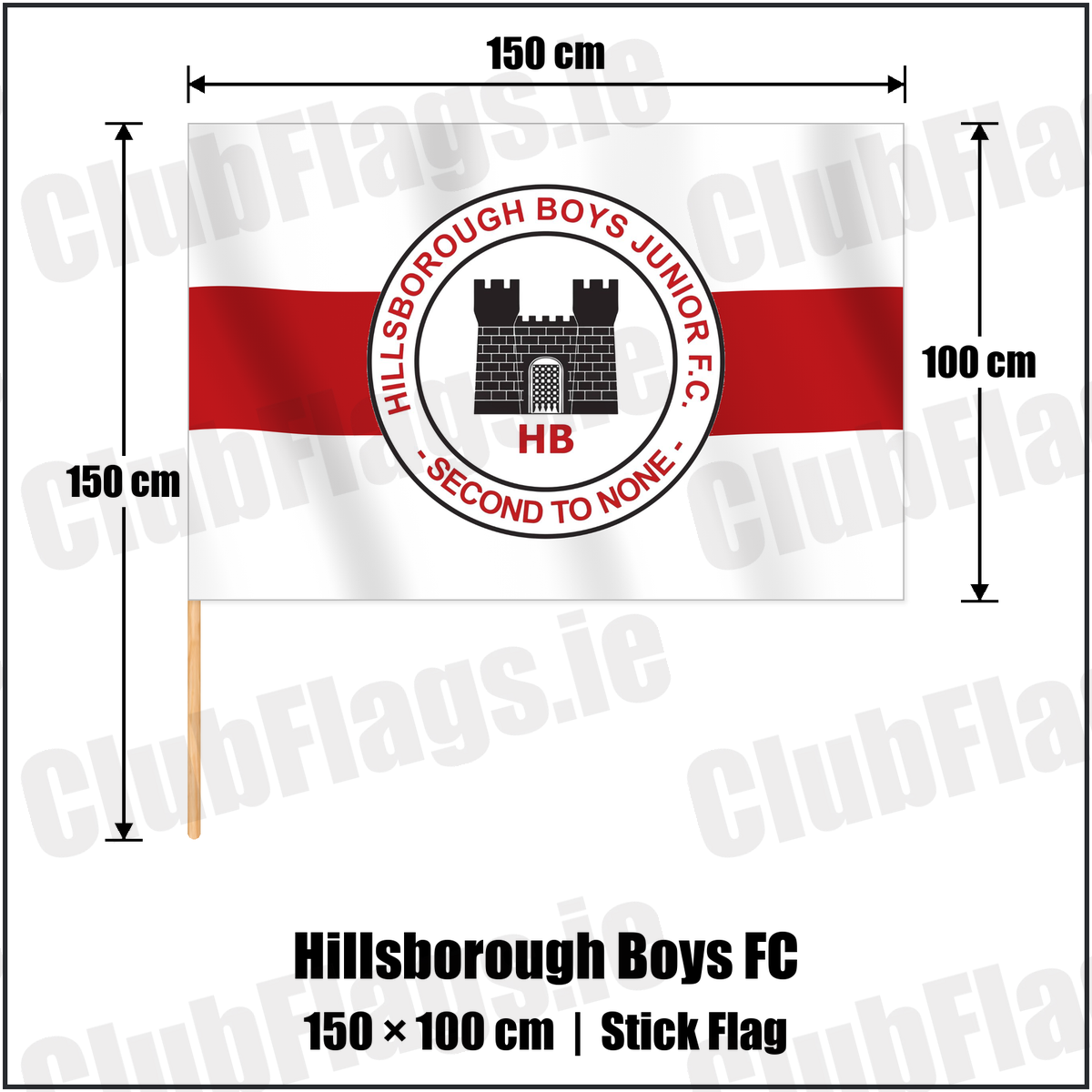 Hillsborough Boys FC 100cm x 150cm Stick Flag with the club crest and colours, Antrim Football - ClubFlags.ie