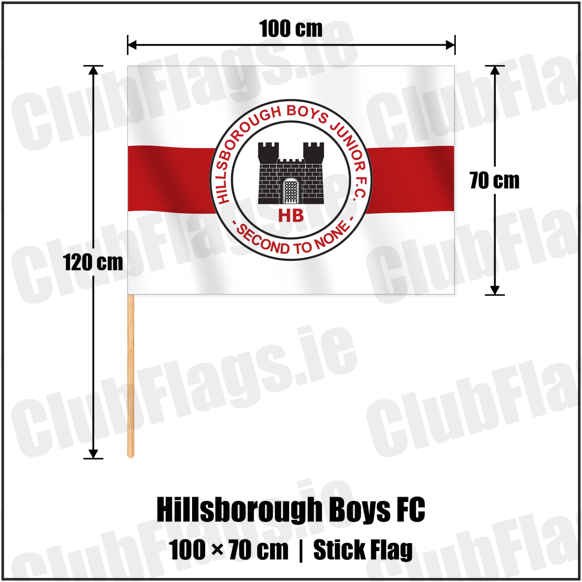 Hillsborough Boys FC 70cm x 100cm Stick Flag with the club crest and colours, Antrim Football - ClubFlags.ie