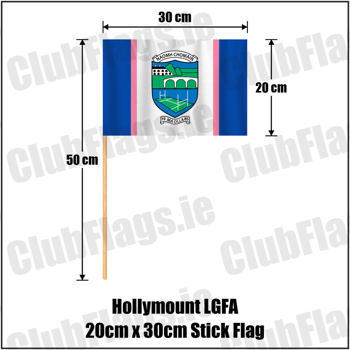 Hollymount LGFA 20cm x 30cm Stick Flag, featuring the club crest and blue and white and pink colours; ladies Gaelic football club, County Mayo. ClubFlags.ie.