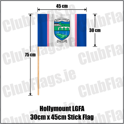 Hollymount LGFA 30cm x 45cm Stick Flag, featuring the club crest and blue and white and pink colours; ladies Gaelic football club, County Mayo. ClubFlags.ie.