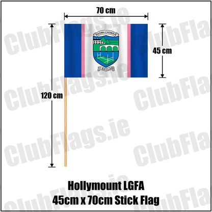 Hollymount LGFA 45cm x 70cm Stick Flag, featuring the club crest and blue and white and pink colours; ladies Gaelic football club, County Mayo. ClubFlags.ie.