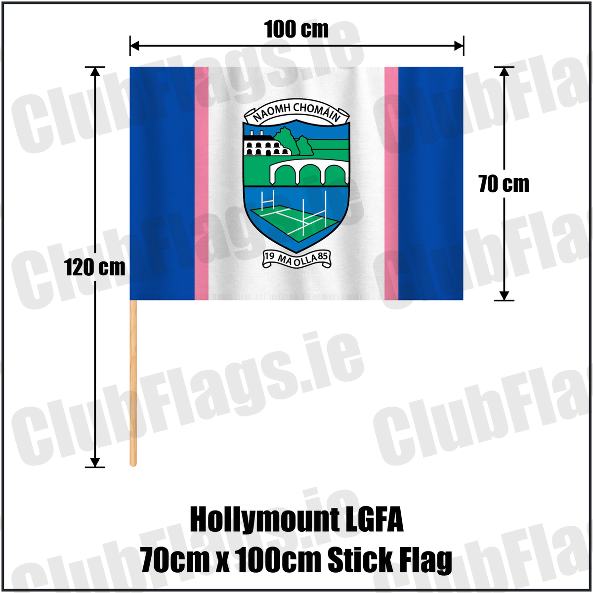 Hollymount LGFA 70cm x 100cm Stick Flag, featuring the club crest and blue and white and pink colours; ladies Gaelic football club, County Mayo. ClubFlags.ie.
