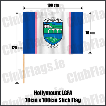 Hollymount LGFA 70cm x 100cm Stick Flag, featuring the club crest and blue and white and pink colours; ladies Gaelic football club, County Mayo. ClubFlags.ie.