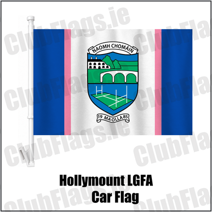 Hollymount LGFA Car Flag, featuring the club crest and blue and white and pink colours; ladies Gaelic football club, County Mayo. ClubFlags.ie.