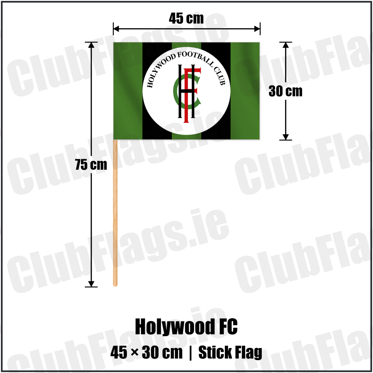 Holywood FC 30cm x 45cm Stick Flag with the club crest and colours, Down Football - ClubFlags.ie