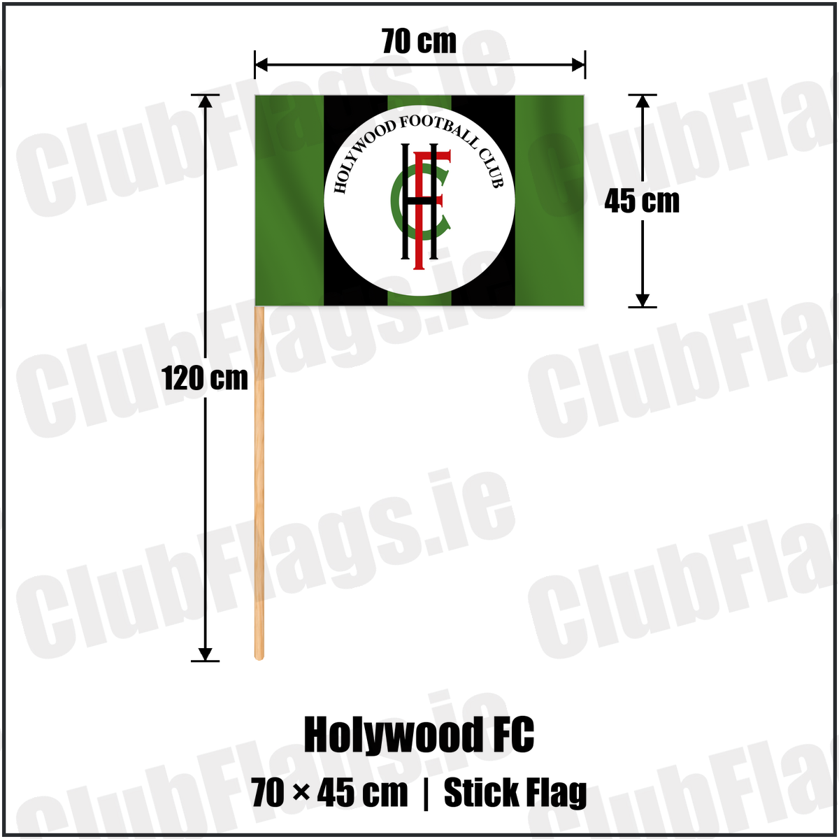 Holywood FC 45cm x 70cm Stick Flag with the club crest and colours, Down Football - ClubFlags.ie