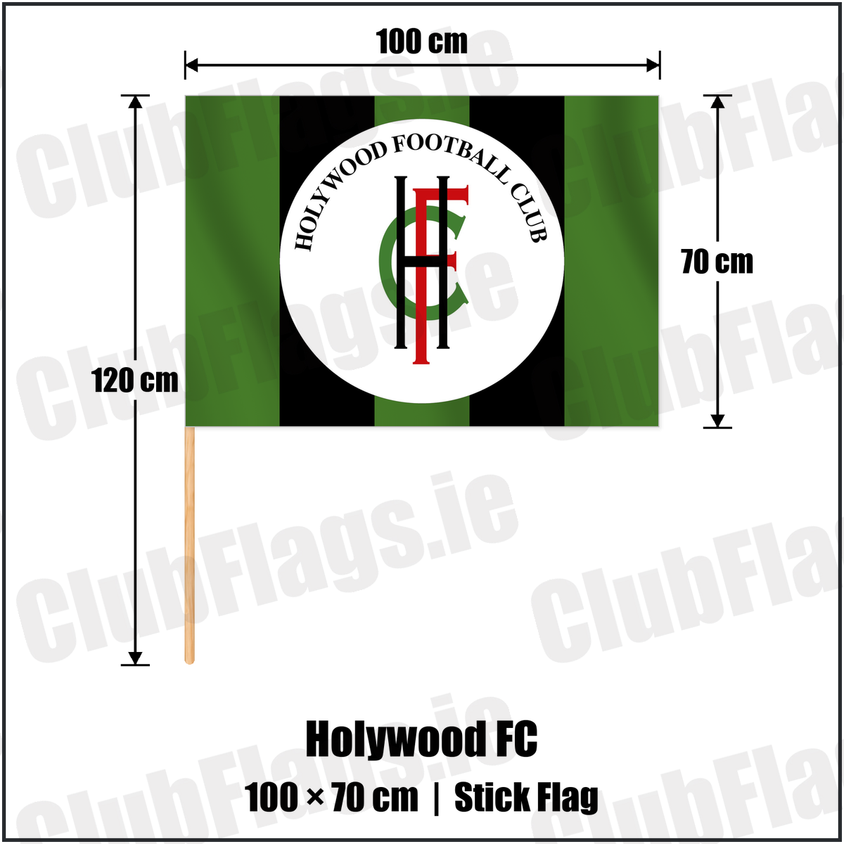 Holywood FC 70cm x 100cm Stick Flag with the club crest and colours, Down Football - ClubFlags.ie