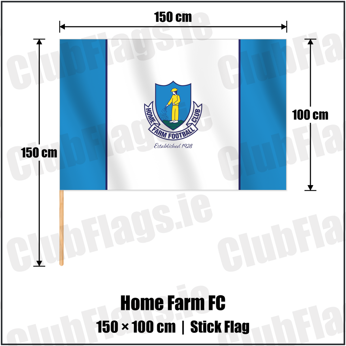 Home Farm FC 100cm x 150cm Stick Flag with the club crest and colours, Dublin Football - ClubFlags.ie