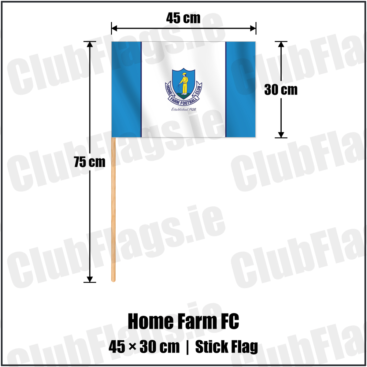 Home Farm FC 30cm x 45cm Stick Flag with the club crest and colours, Dublin Football - ClubFlags.ie