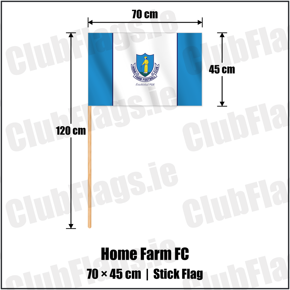 Home Farm FC 45cm x 70cm Stick Flag with the club crest and colours, Dublin Football - ClubFlags.ie