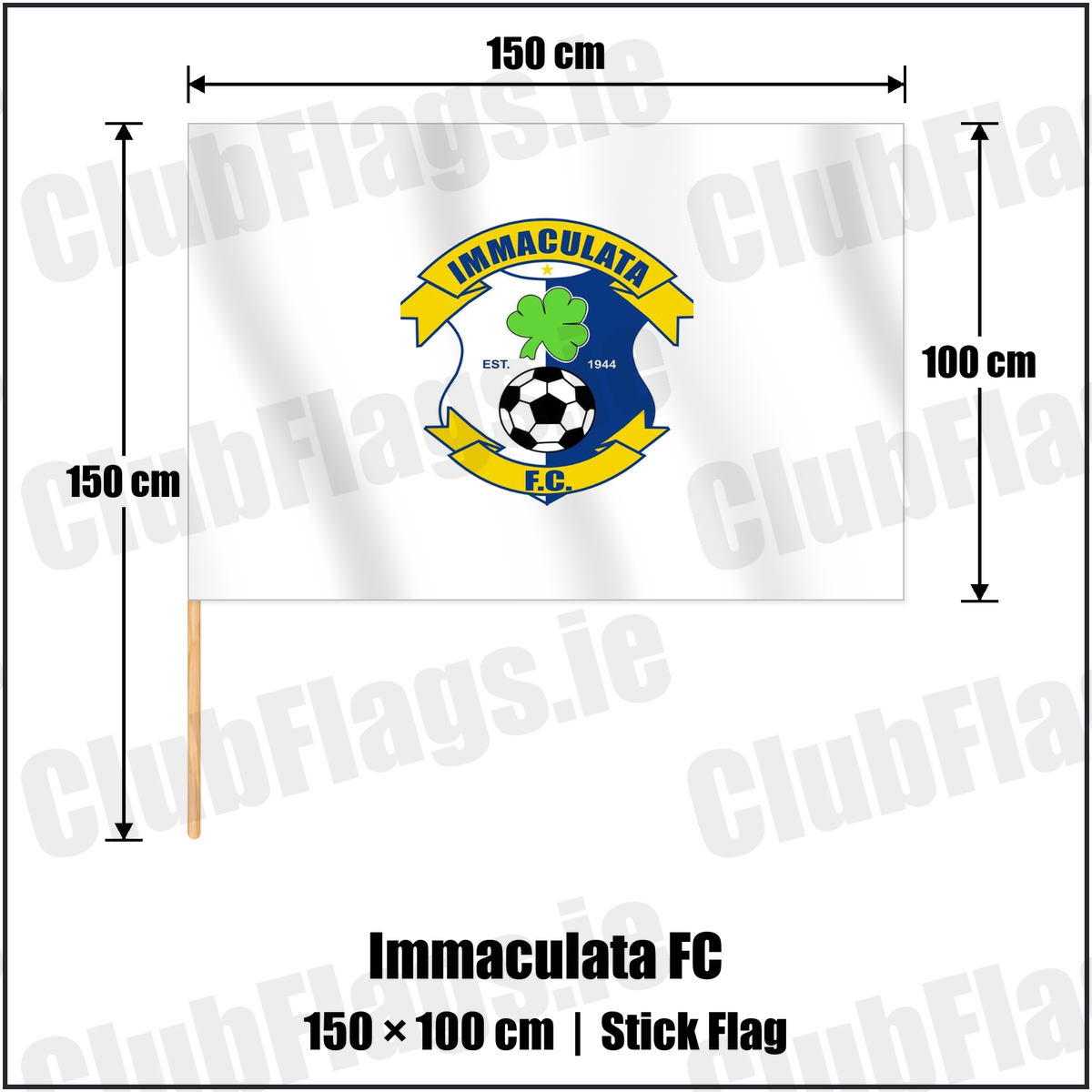 Immaculata FC 100cm x 150cm Stick Flag with the club crest and colours, Antrim Football - ClubFlags.ie