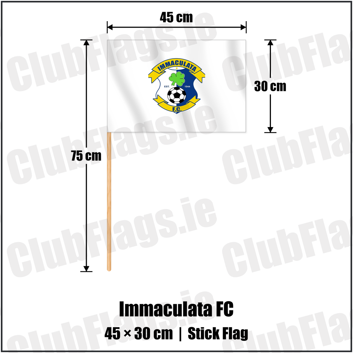 Immaculata FC 30cm x 45cm Stick Flag with the club crest and colours, Antrim Football - ClubFlags.ie