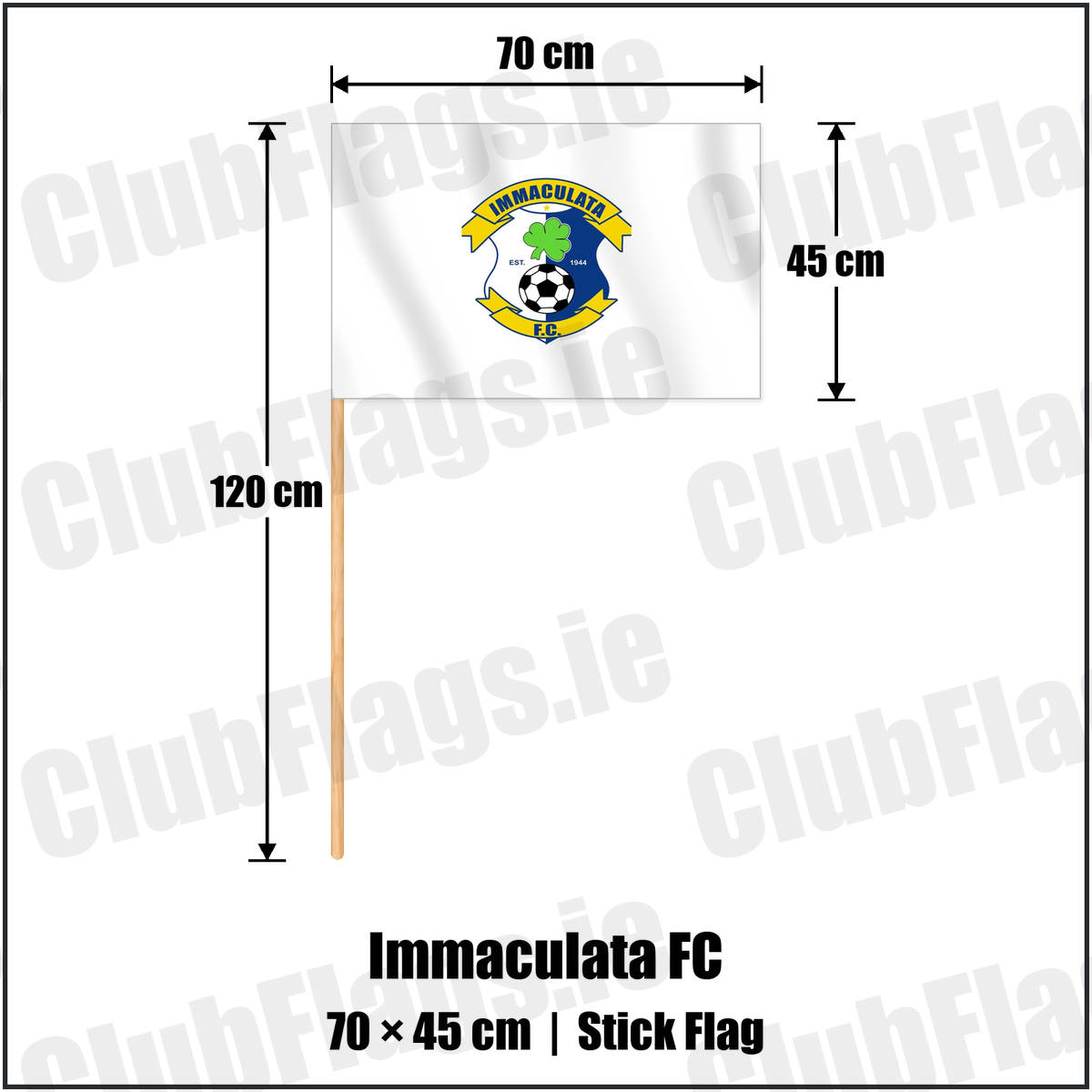 Immaculata FC 45cm x 70cm Stick Flag with the club crest and colours, Antrim Football - ClubFlags.ie