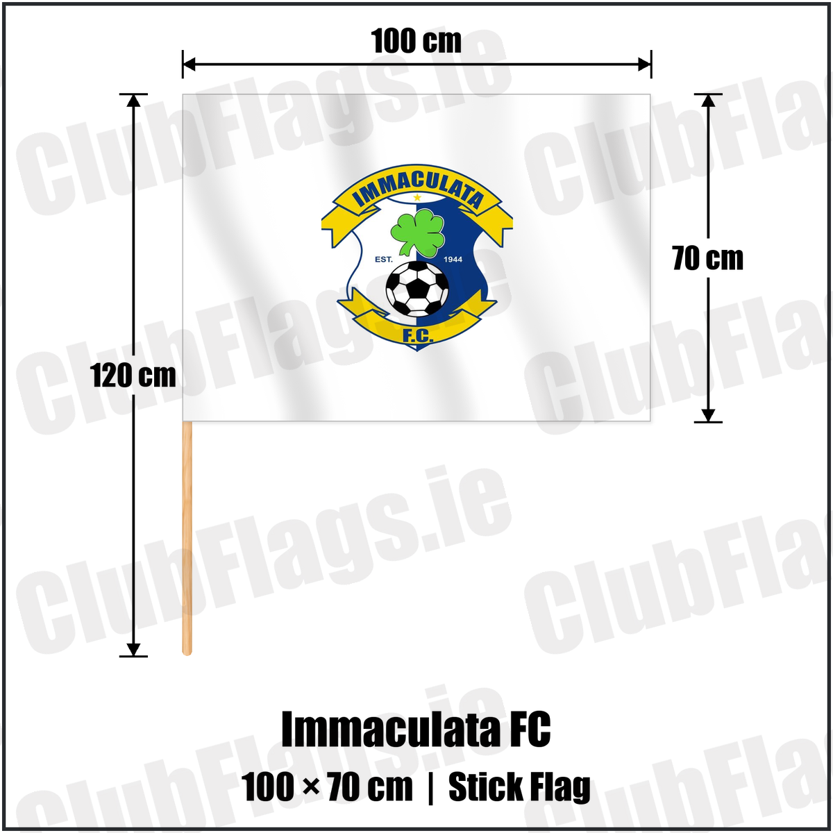 Immaculata FC 70cm x 100cm Stick Flag with the club crest and colours, Antrim Football - ClubFlags.ie
