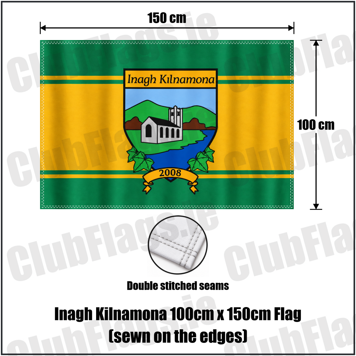 Inagh Kilnamona 100cm x 150cm Flag (sewn on the edges) in green and gold with church crest and club lettering, Clare GAA - ClubFlags.ie