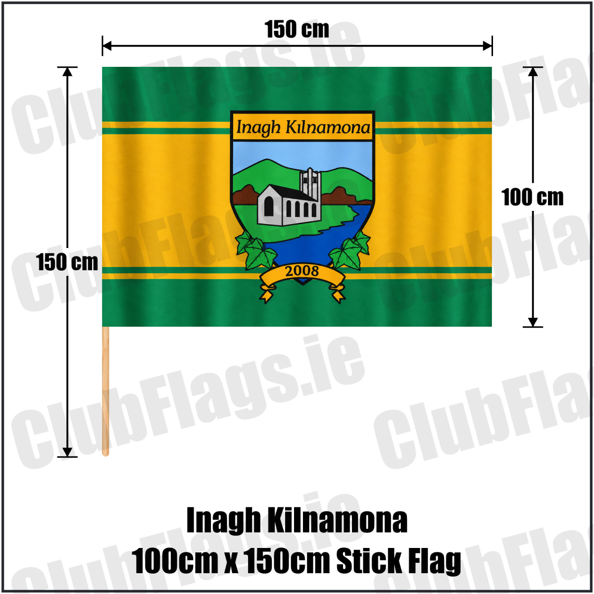 Inagh Kilnamona 100cm x 150cm Stick Flag in green and gold with church crest and club lettering, Clare GAA - ClubFlags.ie