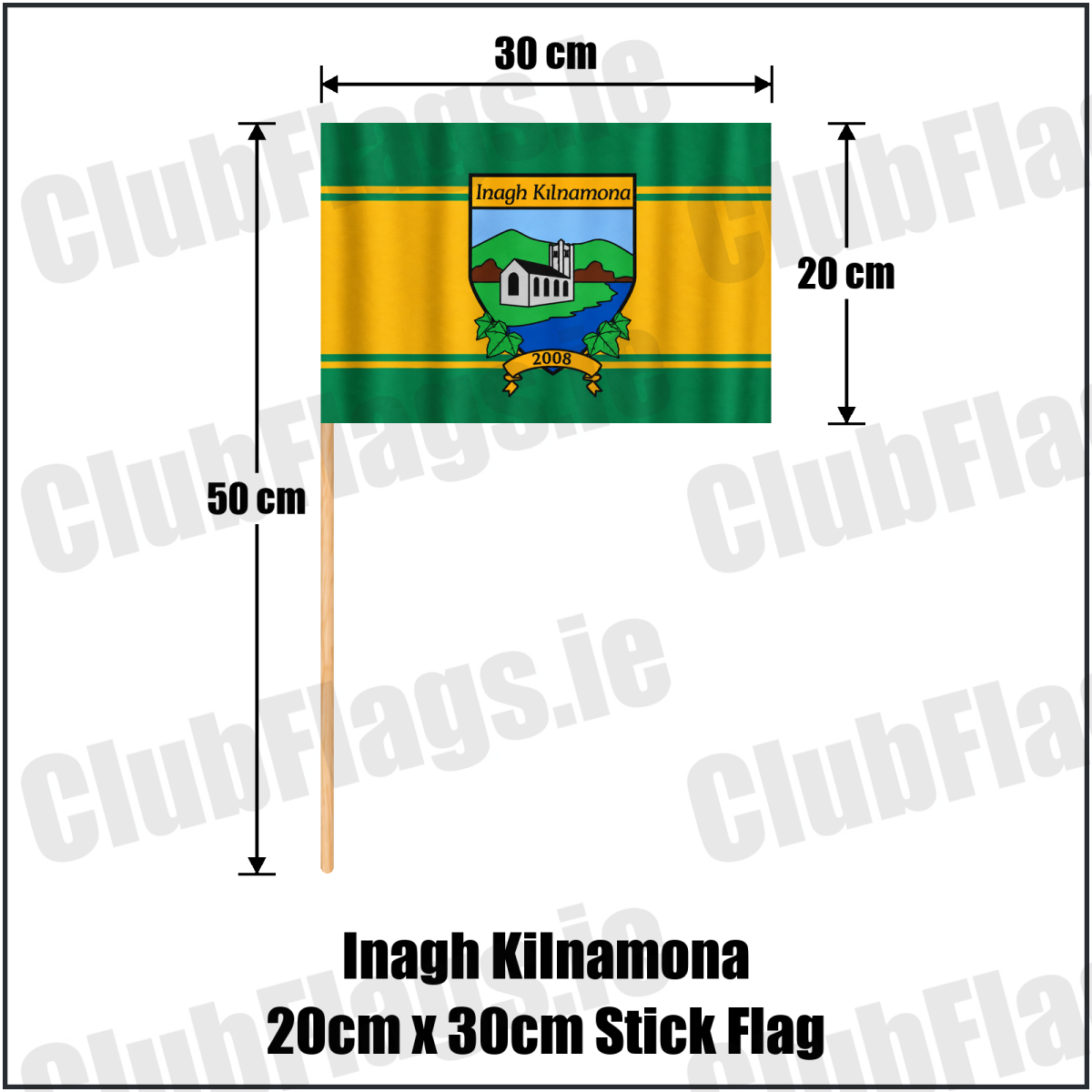 Inagh Kilnamona 20cm x 30cm Stick Flag in green and gold with church crest and club lettering, Clare GAA - ClubFlags.ie