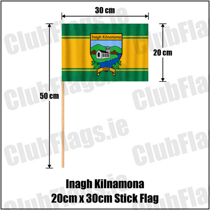 Inagh Kilnamona 20cm x 30cm Stick Flag in green and gold with church crest and club lettering, Clare GAA - ClubFlags.ie