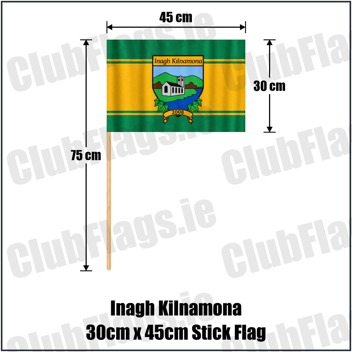 Inagh Kilnamona 30cm x 45cm Stick Flag in green and gold with church crest and club lettering, Clare GAA - ClubFlags.ie