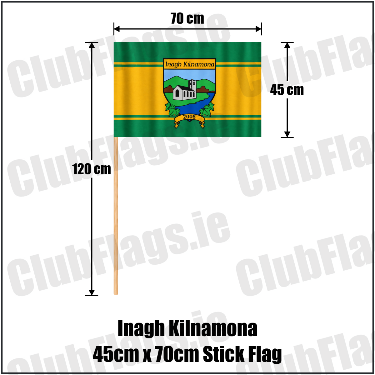 Inagh Kilnamona 45cm x 70cm Stick Flag in green and gold with church crest and club lettering, Clare GAA - ClubFlags.ie