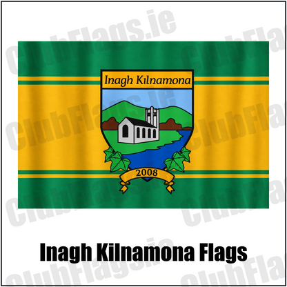 Inagh Kilnamona Flags in green and gold with church crest and club lettering, Clare GAA - ClubFlags.ie