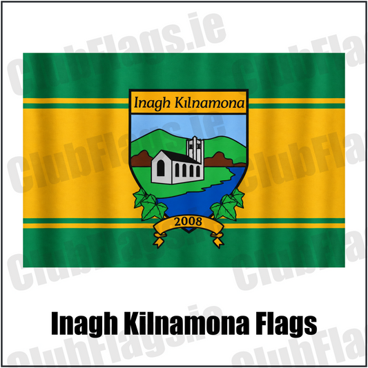 Inagh Kilnamona Flags in green and gold with church crest and club lettering, Clare GAA - ClubFlags.ie