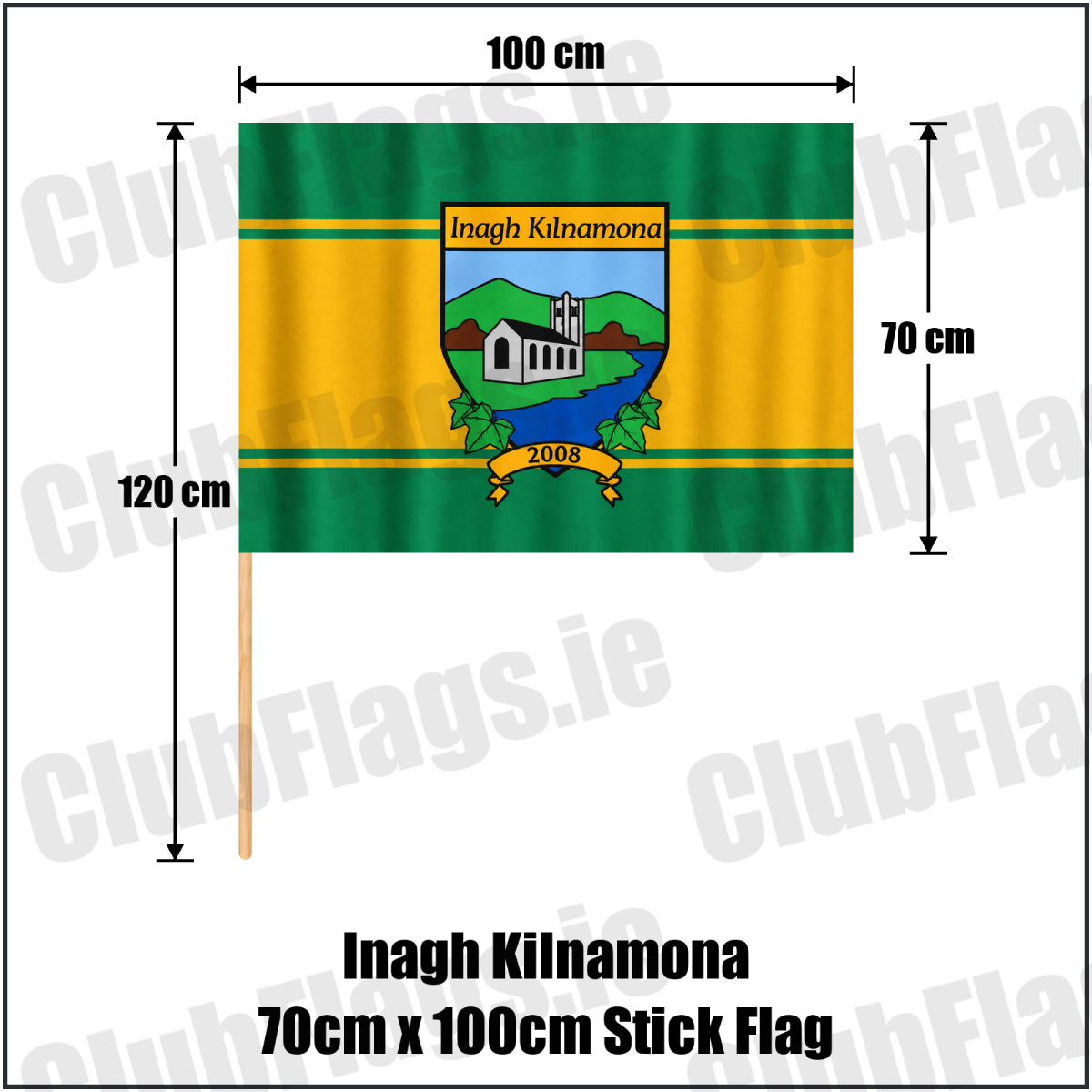 Inagh Kilnamona 70cm x 100cm Stick Flag in green and gold with church crest and club lettering, Clare GAA - ClubFlags.ie