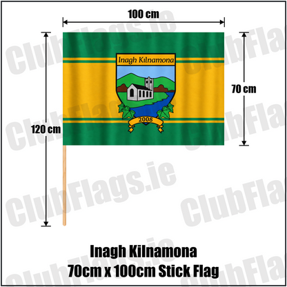 Inagh Kilnamona 70cm x 100cm Stick Flag in green and gold with church crest and club lettering, Clare GAA - ClubFlags.ie