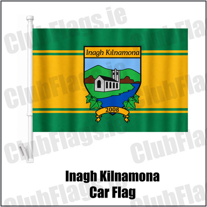 Inagh Kilnamona Car Flag in green and gold with church crest and club lettering, Clare GAA - ClubFlags.ie