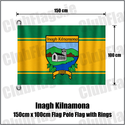Inagh Kilnamona 150cm x 100cm Flag Pole Flag with Rings in green and gold with church crest and club lettering, Clare GAA - ClubFlags.ie