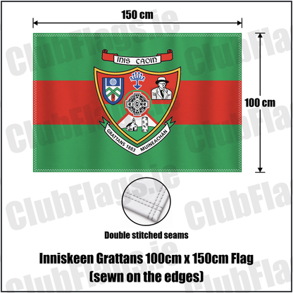 Inniskeen Grattans 100cm x 150cm Flag (sewn on the edges), featuring the club crest and green and red colours; County Monaghan GAA. ClubFlags.ie.