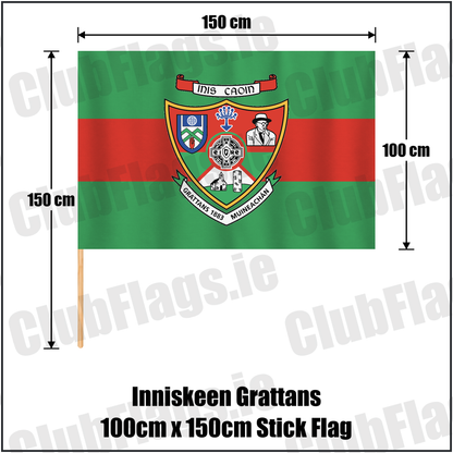 Inniskeen Grattans 100cm x 150cm Stick Flag, featuring the club crest and green and red colours; County Monaghan GAA. ClubFlags.ie.