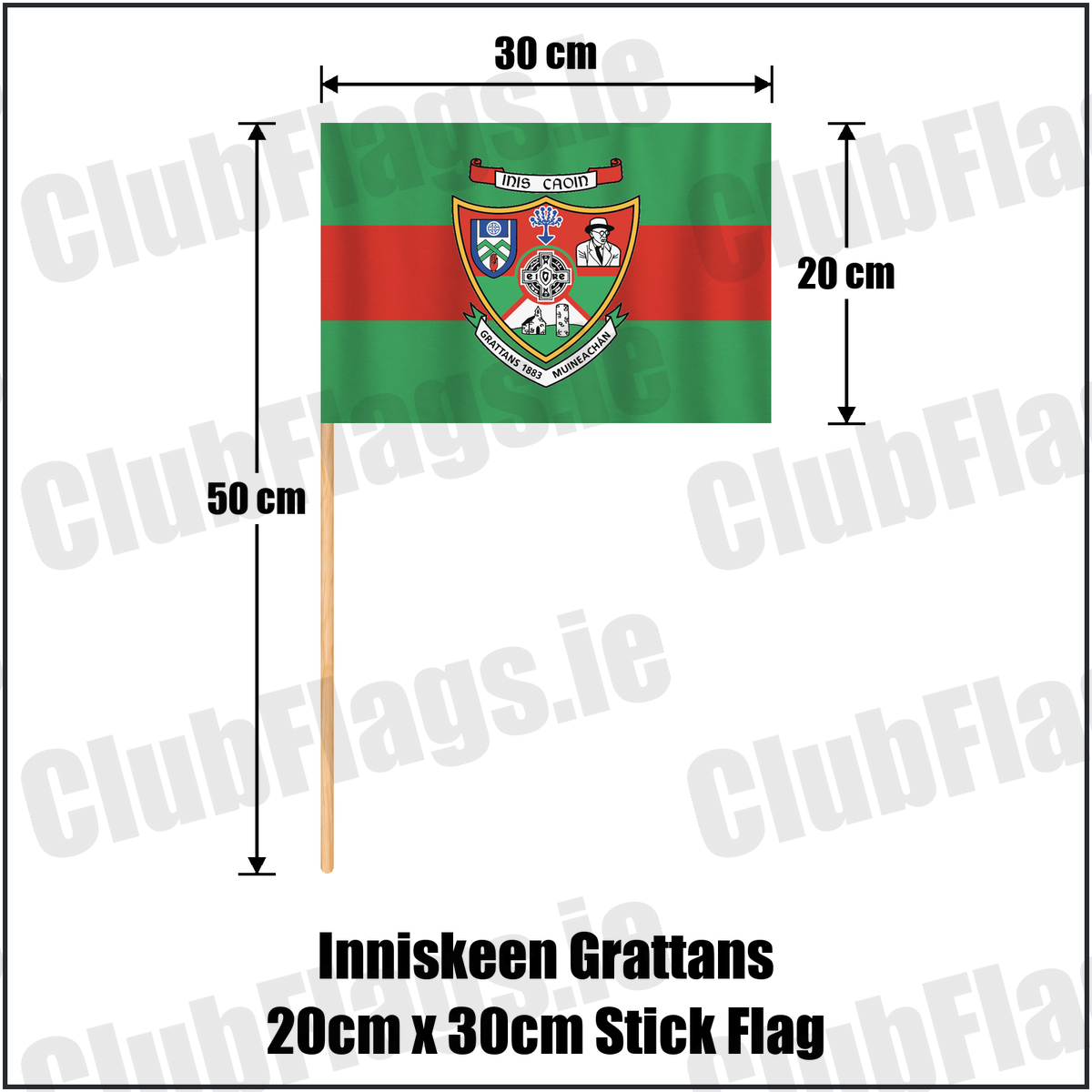 Inniskeen Grattans 20cm x 30cm Stick Flag, featuring the club crest and green and red colours; County Monaghan GAA. ClubFlags.ie.