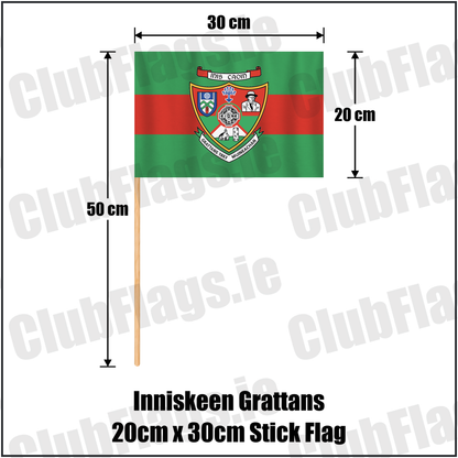 Inniskeen Grattans 20cm x 30cm Stick Flag, featuring the club crest and green and red colours; County Monaghan GAA. ClubFlags.ie.